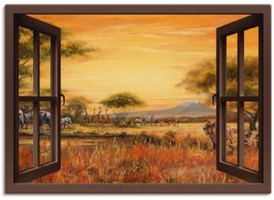 4055327354400 - Wandbild ARTLAND Fensterblick Afrikanische Steppe Löwen Bilder Gr B H 130 cm x 90 cm Leinwandbild Fensterblick 1 St braun Bild Poster Bilder als Leinwandbild Wandaufkleber oder in versch Größen