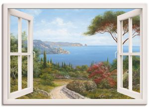 4055327354677 - Wandbild ARTLAND Fensterblick - Haus am Meer I Bilder Gr B H 130 cm x 90 cm Leinwandbild Fensterblick 1 St weiß Bild Leinwandbild Kunstdrucke Bilder als Leinwandbild Wandaufkleber oder Poster in versch Größen