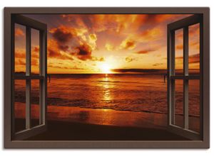 4055327354707 - Wandbild ARTLAND Fensterblick Sonnenuntergang am Strand Bilder Gr B H 130 cm x 90 cm Leinwandbild Fensterblick Querformat 1 St braun Bild Leinwandbild Kunstdrucke Bilder als Leinwandbild Wandaufkleber oder Poster in versch Größen