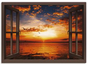 4055327354769 - Wandbild ARTLAND Fensterblick Sonnenuntergang am Strand Bilder Gr B H 130 cm x 90 cm Leinwandbild Fensterblick Querformat 1 St braun Bild Leinwandbild Kunstdrucke Bilder als Leinwandbild Wandaufkleber oder Poster in versch Größen