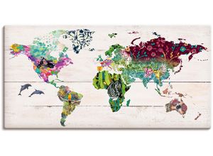 4055327444170 - Wandbild ARTLAND Bunte Welt auf hölzernem Untergrund Bilder Gr B H 100 cm x 50 cm Leinwandbild Landkarten 1 St bunt Bild Poster Bilder als Leinwandbild Wandaufkleber oder in versch Größen