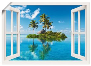 4055327644433 - Wandbild ARTLAND Fensterblick Insel Palmen Meer Bilder Gr B H 70 cm x 50 cm Poster Fensterblick Querformat 1 St weiß Bild Poster Bilder als Leinwandbild Wandaufkleber oder in versch Größen