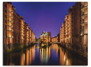 4055327988049 - Wandbild ARTLAND Hamburg Speicherstadt bei Nacht Bilder Gr B H 120 cm x 90 cm Leinwandbild Gebäude Querformat 1 St goldfarben Bild Poster Bilder als Leinwandbild Wandaufkleber oder in versch Größen