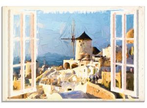 4055327989596 - Glasbild ARTLAND Blick durch das Fenster auf Santorin Bilder Gr B H 80 cm x 60 cm Glasbild Fensterblick Querformat 1 St blau Bild Glasbild Glasbilder Bilder in verschiedenen Größen