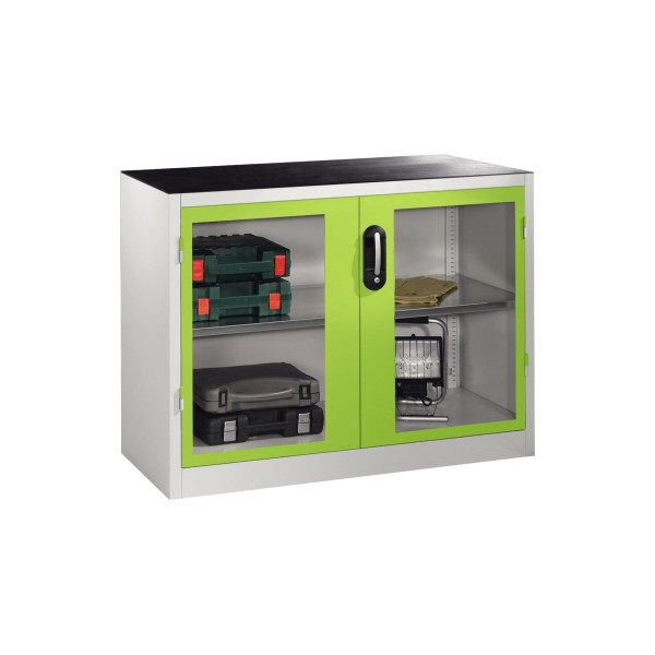 4055404448541 - CP Stahlschrank 8831-055 1060-80 lichtgrau viridingrün Acrylglas 1200 x 500 x 1000 cm aufgebaut