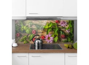 4055957666959 - Spritzschutz Glas - Blumen Himbeeren Minze - Panorama Quer Größe HxB 40cm x 100cm