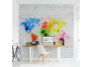4055957693214 - Micasia - Fototapete - Weiße Backsteinwand Weltkarte - Vliestapete Quadrat Größe HxB 192cm x 192cm