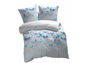 4055971064779 - etérea Mako Satin Bettwäsche Lilu Schmetterlinge Blau 200x200 cm + 2Stk 80x80 cm - Blau