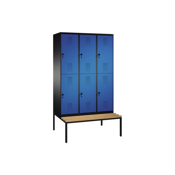 4056211259467 - EVOLO Garderobenschrank doppelstöckig mit Sitzbank 3 Abteile je 2 Fächer Abteilbreite 400 mm schwarzgrau   enzianblau 4056211259467 - EVOLO Garderobenschrank doppelstöckig mit Sitzbank 3 Abteile je 2 Fächer Abteilbreite 400 mm schwarzgrau   enzianblau