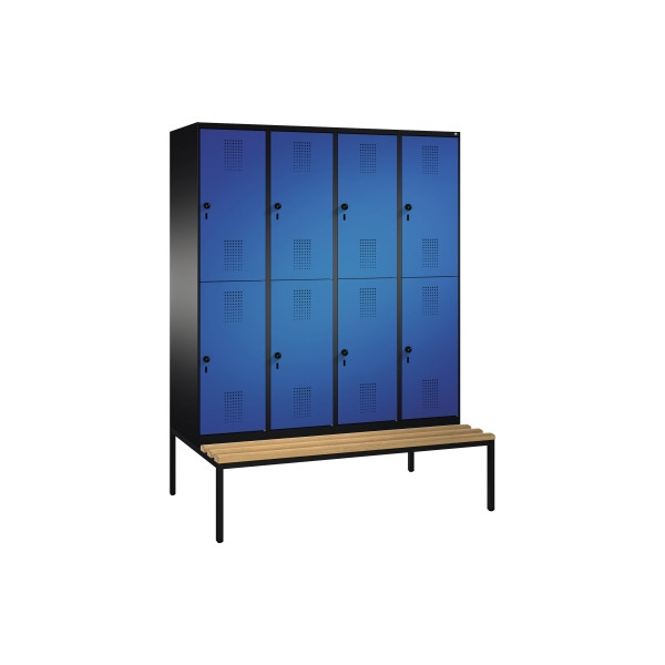 4056211259856 - EVOLO Garderobenschrank doppelstöckig mit Sitzbank 4 Abteile je 2 Fächer Abteilbreite 400 mm schwarzgrau   enzianblau