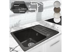 4056282466887 - Aquamarin - Spülbecken - Granit ca 569 x 449 cm mit Ablaufgarnitur umkehrbarer Abtropffläche Rechteckig Reversibel Gesprenkelt in Schwarz