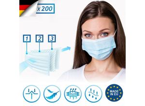 4056282469840 - Mund und Nasenschutz - 200 Stück 3-lagig Allgemeine Verwendung Blau Made in eu - Masken Mundschutz Einweg Gesichtsmaske Einwegmasken
