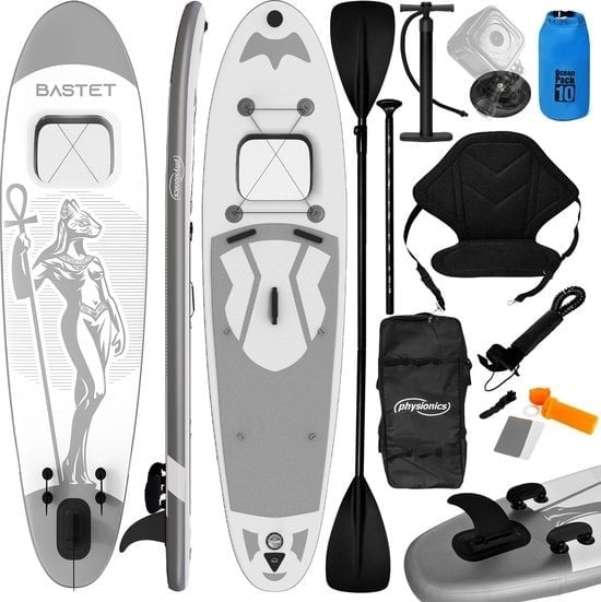 4056282473618 - Goodvibes - Stand Up Paddle Board - 305cm - aufblasbares Sup Board mit Kajaksitz - verstellbares Paddel - Handpumpe mit Manometer - Rucksack - Reparaturset - Kamerahalter - Surfbrett - anubis - silber