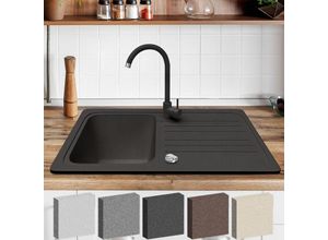 4056282475032 - Spülbecken - Granit Set ca 759 x 459 cm mit Ablaufgarnitur Schwarzem Wasserhahn umkehrbarer Abtropffläche Rechteckig Schwarz - Einbauspüle