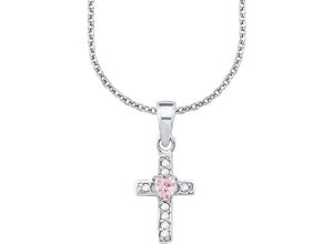 4056866052529 - Kette mit Anhänger AMOR rosa Herz Kreuz 2021302 Halsketten Gr Silber 925 (Sterlingsilber) Länge 38 cm bunt (silberfarben rosa) Mädchen mit Zirkonia (synth)