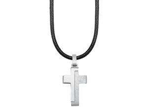 4056867014960 - Kette mit Anhänger SOLIVER JUNIOR Halskette Kreuz 2024225 Halsketten Gr Edelstahl-Leder Länge 43 cm schwarz (edelstahlfarben schwarz) Jungen Jungenschmuck