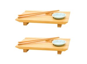 4057216048124 - 2x Japanisches Sushi Brett - 27x16x4 Bambus Platten Set - Teller mit Schälchen