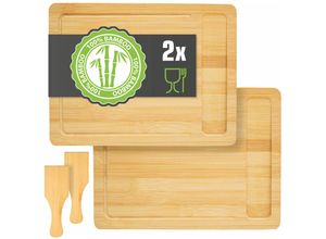 4057216049039 - 2 Personen Raclette Teller Set Holz - 30x22cm Pfännchen Untersetzer mit Spachtel - braun