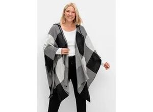 4057651107974 - Strickcape SHEEGO Große Größen Gr 2 schwarz-weiß (schwarz weiß) Damen Strickjacken Ponchos Capes mit Kapuze offene Form