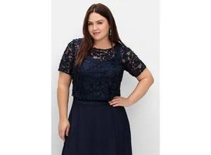 4057651140117 - Tunika SHEEGO Große Größen Damen Gr 40 blau (marine) Obermaterial 90% Polyester 10% Elasthan unifarben elegant figurumspielend kurz Rundhals Kurzarm Tuniken aus floraler Spitze im Rücken offen