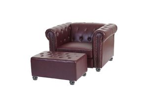 4057651205809 - Luxus Sessel Loungesessel Relaxsessel Chesterfield Kunstleder ~ runde Füße rot-braun mit Ottomane