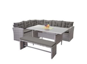 4057651208879 - Poly-Rattan-Garnitur MCW-A29 Gartengarnitur Sitzgruppe Lounge-Esstisch-Set Sofa hellgrau ~ Kissen grau mit Bank