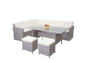 4057651292403 - Poly-Rattan-Garnitur MCW-A29 Gartengarnitur Sitzgruppe Lounge-Esstisch-Set Sofa ~ hellgrau Kissen creme + 2x Hocker 4057651292403 - Poly-Rattan-Garnitur MCW-A29 Gartengarnitur Sitzgruppe Lounge-Esstisch-Set Sofa ~ hellgrau Kissen creme + 2x Hocker