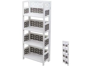 4057651316765 - - Regal 660 Standregal Wohnregal klappbar 4 Ablagen Holz 110cm weiß Geflecht grau - white