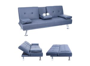 4057651356426 - 3er-Sofa MCW-F60 Couch Schlafsofa Gästebett Tassenhalter verstellbar 97x166cm ~ Kunstleder dunkelblau