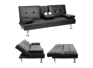 4057651356464 - 3er-Sofa MCW-F60 Couch Schlafsofa Gästebett Tassenhalter verstellbar 97x166cm ~ Kunstleder schwarz