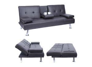 4057651356495 - 3er-Sofa MCW-F60 Couch Schlafsofa Gästebett Tassenhalter verstellbar 97x166cm ~ Kunstleder braun