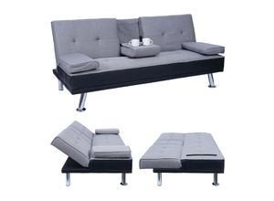 4057651356556 - 3er-Sofa MCW-F60 Couch Schlafsofa Gästebett Tassenhalter verstellbar 97x166cm ~ Kunstleder Textil schwarz hellgrau