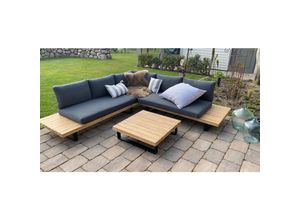 4057651420516 - Garten-Garnitur MCW-H54 Garnitur Sitzgruppe Lounge-Set Spun Poly Akazie Holz FSC Alu ~ hellbraun Polster dunkelgrau