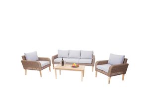 4057651470702 - Garnitur MCW-H57 Garten- Lounge-Set Sofa Sitzgruppe rundes Poly-Rattan Alu + Akazie Spun Poly FSC ~ Kissen hellgrau