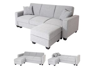 4057651536309 - Sofa MCW-H47 mit Ottomane Couch Sofa Gästebett Schlaffunktion Stauraum 217x145cm ~ Stoff Textil hellgrau