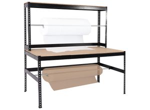 4057651601977 - Packstation MCW-J84 Packtisch Arbeitstisch Werktisch Rollenhalter höhenverstellbar Holz Stahl 183x183x90cm schwarz