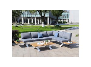 4057651639628 - Aluminium Garten-Garnitur MCW-M62 Sitzgruppe Garten- Lounge-Set Sofa Holzoptik ~ Gestell weiß Polster hellgrau