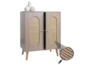 4057651644189 - Kommode MCW-M35 Schrank Sideboard Highboard Staufächer Kubu Rattan Holz Melamin Eiche-Optik