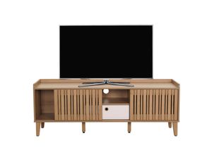 4057651647067 - TV-Rack MCW-M48 Lowboard TV-Schrank Schiebetür 56x150x40cm ~ natur Schublade weiß