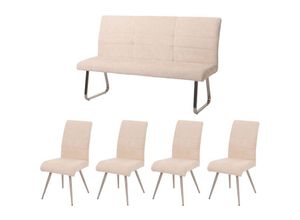 4057651690476 - - Esszimmer-Set 102 4er-Set Stuhl + Sitzbank 160cm Edelstahl gebürstet Stoff Textil Chenille creme