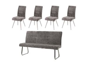 4057651690834 - - Esszimmer-Set 221 4er-Set Stuhl + Sitzbank 180cm Edelstahl gebürstet Stoff Textil Chenille dunkelgrau