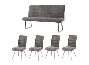 4057651690926 - - Esszimmer-Set 102 4er-Set Stuhl + Sitzbank 160cm Edelstahl gebürstet Stoff Textil Chenille dunkelgrau