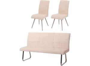 4057651690964 - Esszimmer-Set HHG-221 2er-Set Stuhl + Sitzbank 180cm Edelstahl gebürstet Stoff Textil Chenille creme