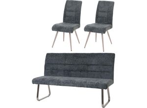 4057651691022 - - Esszimmer-Set 221 2er-Set Stuhl + Sitzbank 180cm Edelstahl gebürstet Stoff Textil Chenille blau-grün