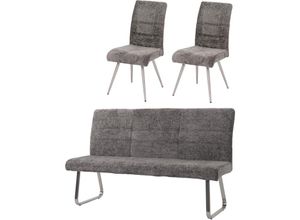 4057651691084 - - Esszimmer-Set 221 2er-Set Stuhl + Sitzbank 180cm Edelstahl gebürstet Stoff Textil Chenille dunkelgrau