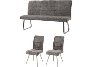 4057651691114 - - Esszimmer-Set 102 2er-Set Stuhl + Sitzbank 160cm Edelstahl gebürstet Stoff Textil Chenille dunkelgrau