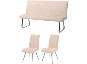 4057651691244 - - Esszimmer-Set 102 2er-Set Stuhl + Sitzbank 160cm Edelstahl gebürstet Stoff Textil Chenille creme