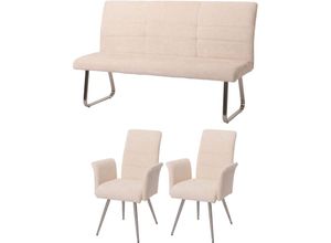 4057651846354 - - Esszimmer-Set 219 2er-Set Stuhl mit Armlehne+Sitzbank 160cm Edelstahl gebürstet Stoff Textil Chenille creme