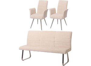 4057651869926 - - Esszimmer-Set 221 2er-Set Stuhl mit Armlehne+Sitzbank 180cm Edelstahl gebürstet Stoff Textil Chenille creme