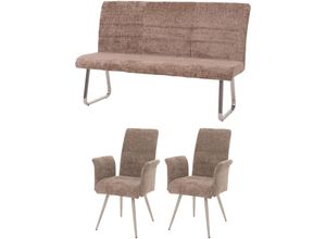 4057651870335 - - Esszimmer-Set 219 2er-Set Stuhl mit Armlehne+Sitzbank 160cm Edelstahl gebürstet Stoff Textil Chenille braun